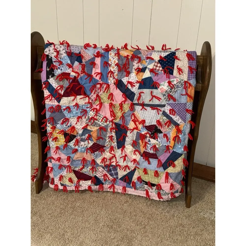 Vintage Patchwork Quilt Folk Art Colorful Scrap Granny Tied - Picture 15 of 15